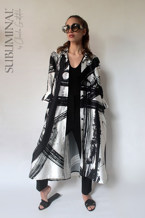 Abstract Print Midi Shirt Dress: Painterly Brushstroke Kimono Duster,  Wearable Art, Daring Style Button Down Dress, Size XS/L -SOULAGES