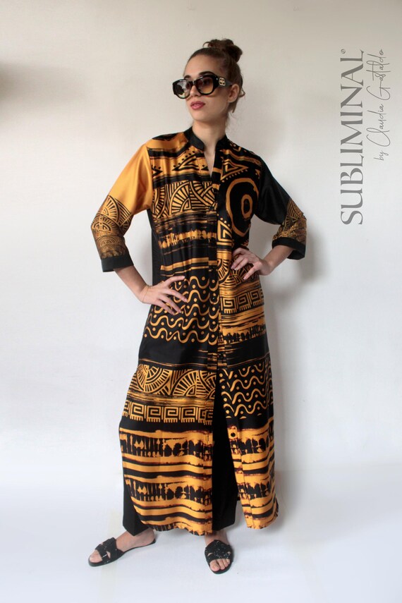 ashanti jersey dress Black Mustard Silk Maxi Shirt Dress: Boho Chic Designer Kimono Duster, Button Down With Pockets & Side Slits, Size XS–M | Fashion