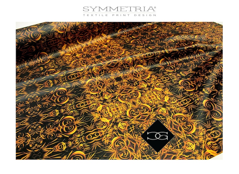 May include: A black fabric with a gold and orange geometric pattern. The pattern is made up of repeating circles and lines. The fabric is textured and has a slight sheen.