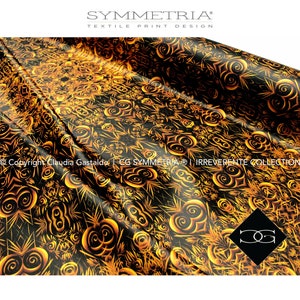 May include: A textile print design featuring a repeating pattern in gold and black. The design includes swirling and geometric shapes. The text "SYMMETRIA TEXTILE PRINT DESIGN" is at the top. The copyright information is at the bottom.
