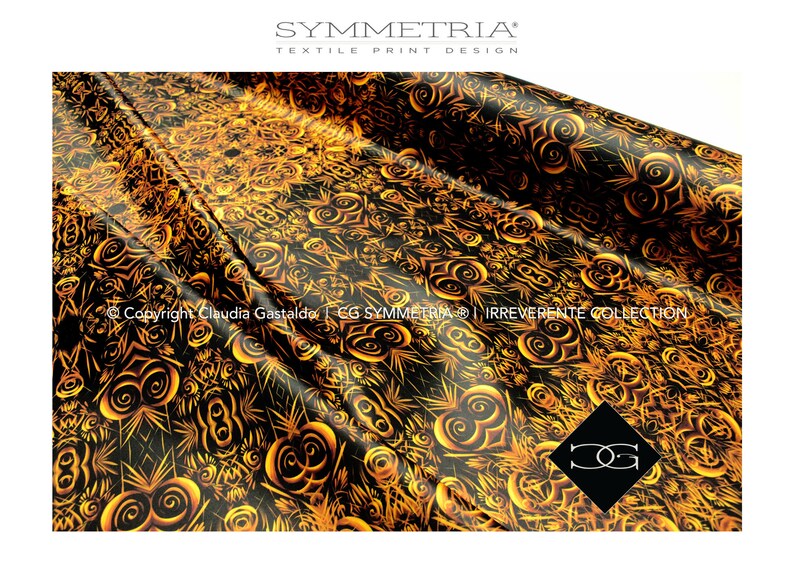 May include: A textile print design featuring a repeating pattern in gold and black. The design includes swirling and geometric shapes. The text "SYMMETRIA TEXTILE PRINT DESIGN" is at the top. The copyright information is at the bottom.