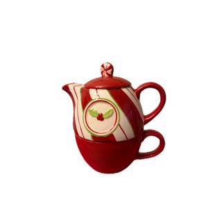 Set da tè natalizio con teiera e tazza impilabili, decorazioni a tema menta piperita e agrifoglio in ceramica, per una persona.