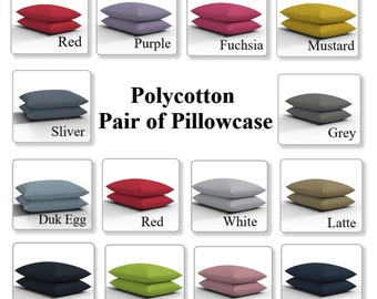 Polycotton Pair of Pillowcases Plain Dyed Housewife Pillow Covers Soft Washable in 29 Colors - 74x34cm