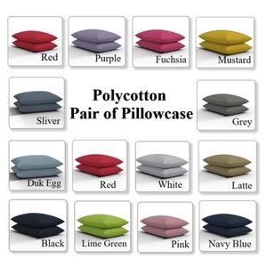 Polycotton Pair of Pillowcases Plain Dyed Housewife Pillow Covers Soft Washable in 29 Colors - 74x34cm