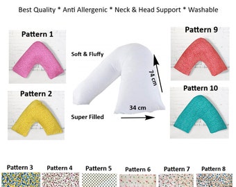 Orthopedic V Pillow with Free Printed Pillowcase Head Neck Back Support Soft Fluffy Cushion 74x34cm