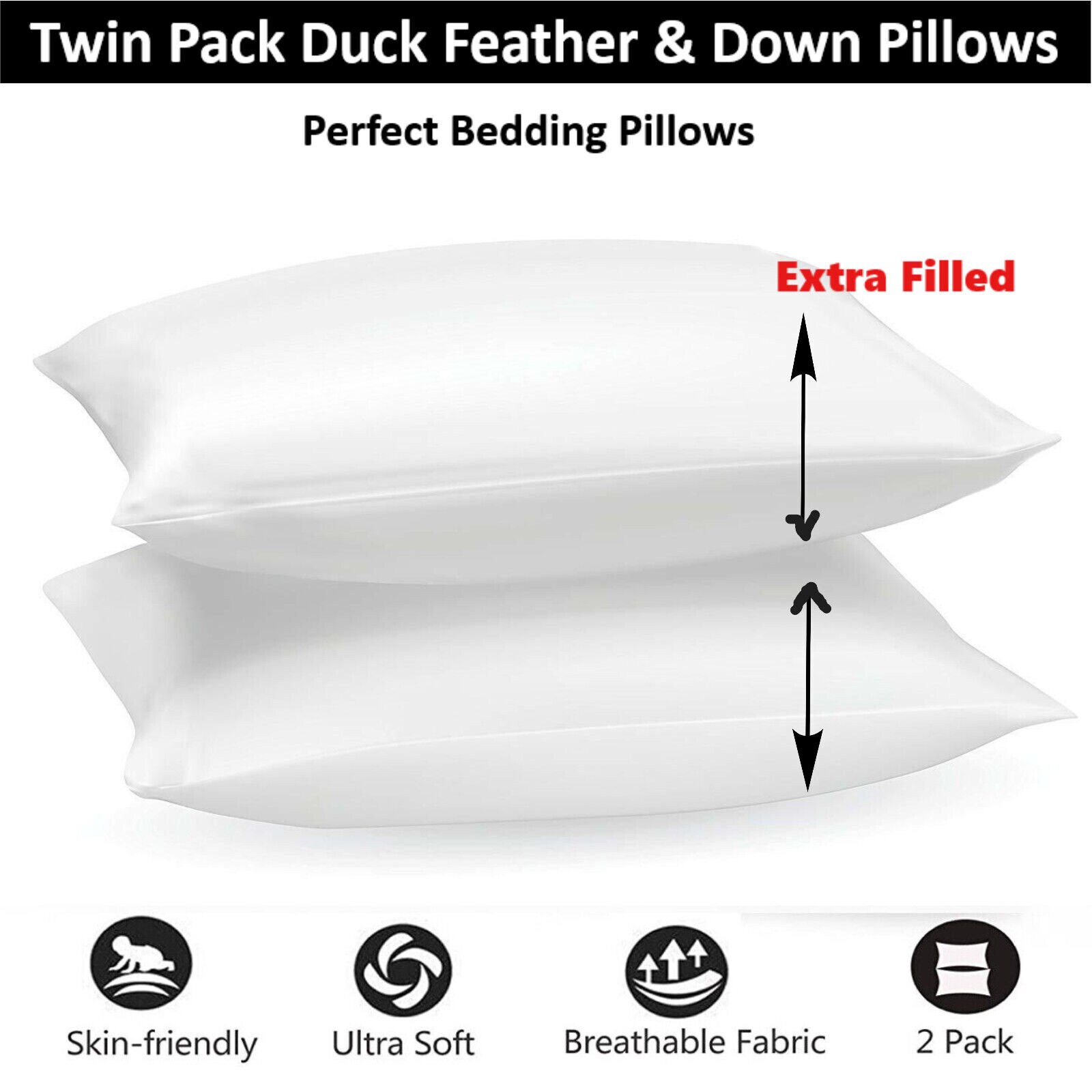 Duck Feather & Down Pillows Pillow Extra Filled Hotel Quality PACK of 1, 2  & 4