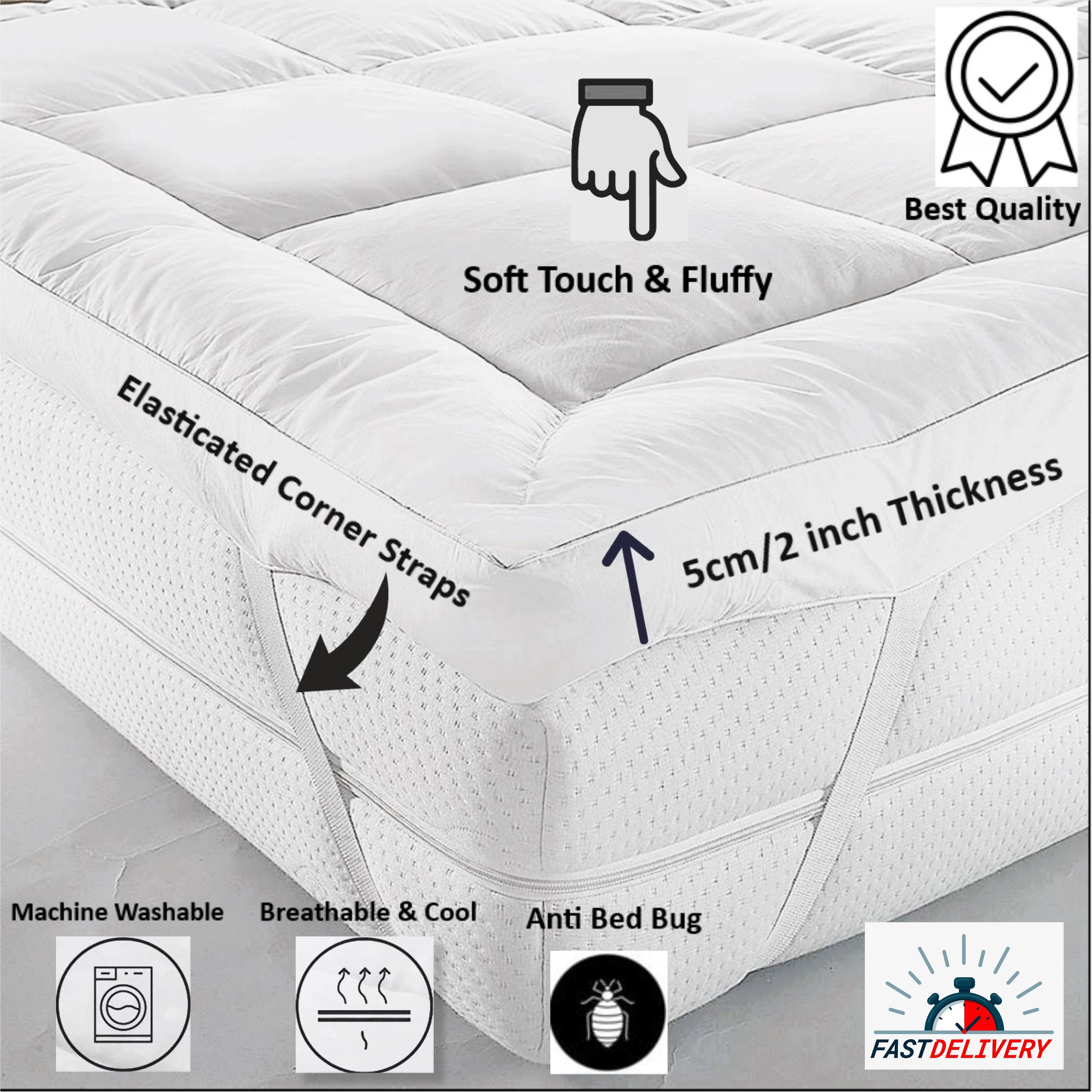 2'' Inch Deep Mattress Topper Luxury Hotel Quality Duck Feather Mattress  Protector Corner Straps in All Sizes 