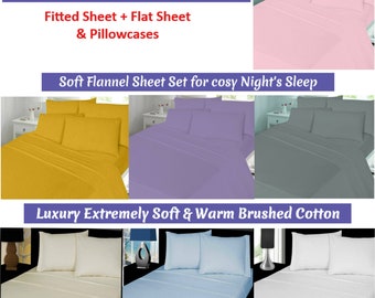 Luxury 4Pc Brushed Cotton Flannelette Sheet Set (Fitted Sheet, Flat Sheet, Pillowcases) Thermal Warm Sheets Bedding Set – All UK Size