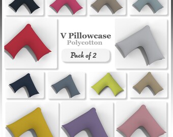 2x V Shaped Pillow Cases Cover Polycotton Plain Dyed Easy Care Washable 27 Colors 74x34cm approx