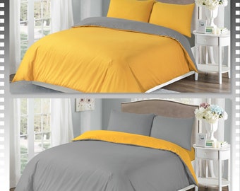 Polycotton Reversible Duvet Cover Set Mustard Grey Soft Bedding with Piped Edge Pillowcases