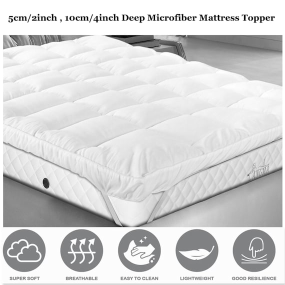 Microfiber Mattress Topper 5cm/2'' Inch, 10cm/4inch Deep Mattress Protector  Box Stitched Elastic Corner Straps All Uk Sizes 