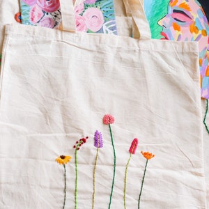 RESTOCKED - Flower Hand embroidered tote bag, minimalistic boho shopping bag, made in Canada farmer’s market tote bag