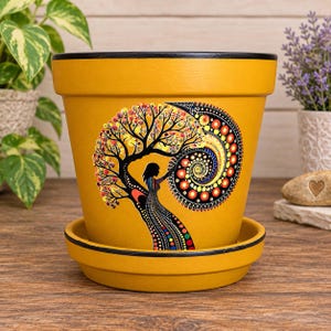 May include: A mustard yellow ceramic plant pot with a matching saucer, featuring a black rim and a detailed dot-art illustration of a figure standing beside a tree with a swirling, colorful canopy of dots in shades of red, orange, and yellow.
