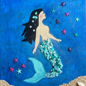 Mixed Media painting Mermaid in the Sea with Shells and Starfish