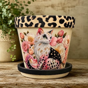 May include: A cylindrical ceramic plant pot featuring a leopard print rim and a central illustration of a cat with spotted fur sitting among pink and white flowers. The pot rests on a black circular saucer, showcasing a detailed floral design.