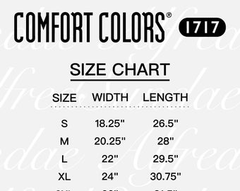 Comfort Colors 1717 Tabella delle taglie, Tabella delle taglie per colori comfort, Tabella delle taglie oversize, Mockup della tabella delle taglie, Tabella delle taglie unisex, Colori comfort