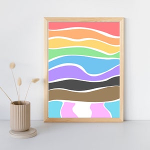 Puede incluir: Una impresión enmarcada con un diseño abstracto colorido. El diseño presenta líneas onduladas en tonos de rosa, naranja, amarillo, verde, azul, morado, marrón y negro.