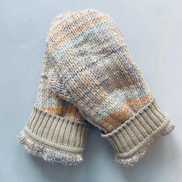 Recycled Sweater Mittens, Adult Medium/Large - Classic Beige, Blue, and Orange Plaid