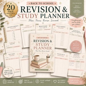 May include: A 20-page printable revision and study planner set featuring various templates like a revision priority planner, topic checklist, brain dump, focus session tracker, and active recall question practice with a soft colour palette.