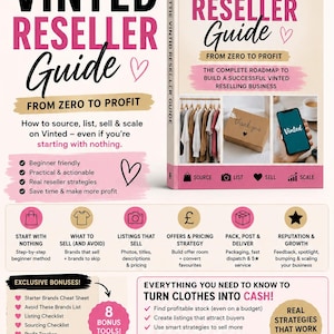 Puede incluir: Una guía digital titulada Vinted Reseller Guide From Zero to Profit, que contiene 23 páginas de instrucciones paso a paso para crear un negocio de reventa. El documento incluye secciones sobre abastecimiento, ventas y ocho herramientas adicionales.