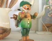 Vintage German Wooden Doll Folk Art Bird and Rabbit