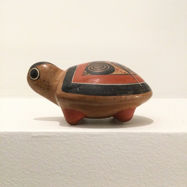 Tonala Mexico ceramic turtle figurine with bird painted on back