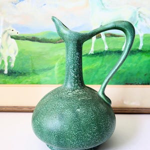Mid Century Pottery Pitcher Vessel Green Mottled Matte Finish