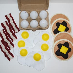 HomeSewn Felt Play Foods Breakfast Bundle Play Set- Half Dozen Eggs with Plastic Egg Shells, Egg Carton, Four Pancakes & Four Bacon Strips