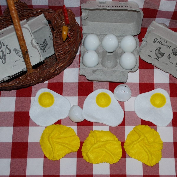 HomeSewn Felt Plays Foods Egg Combo Half a Dozen Crackable Eggs with Carton 3 Sunny Side Up and 3 Scrambled Eggs