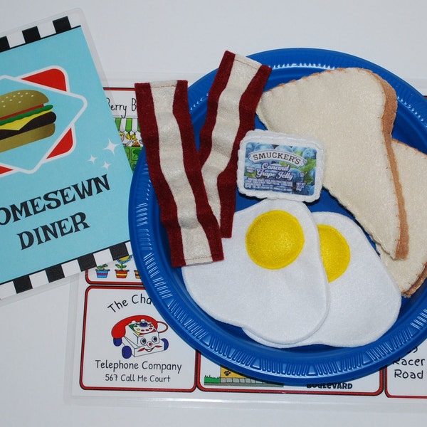 HomeSewn Felt Play Food Diner Breakfast Special -Pretend Play Eggs, Bacon, Toast & Jelly