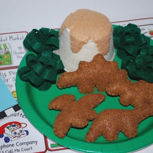 HomeSewn Felt Play Foods Dino Dinosaur Chicken Nuggets with Volcano Mashed Potatoes and Broccoli Trees - Pretend Play Restaurant / Diner
