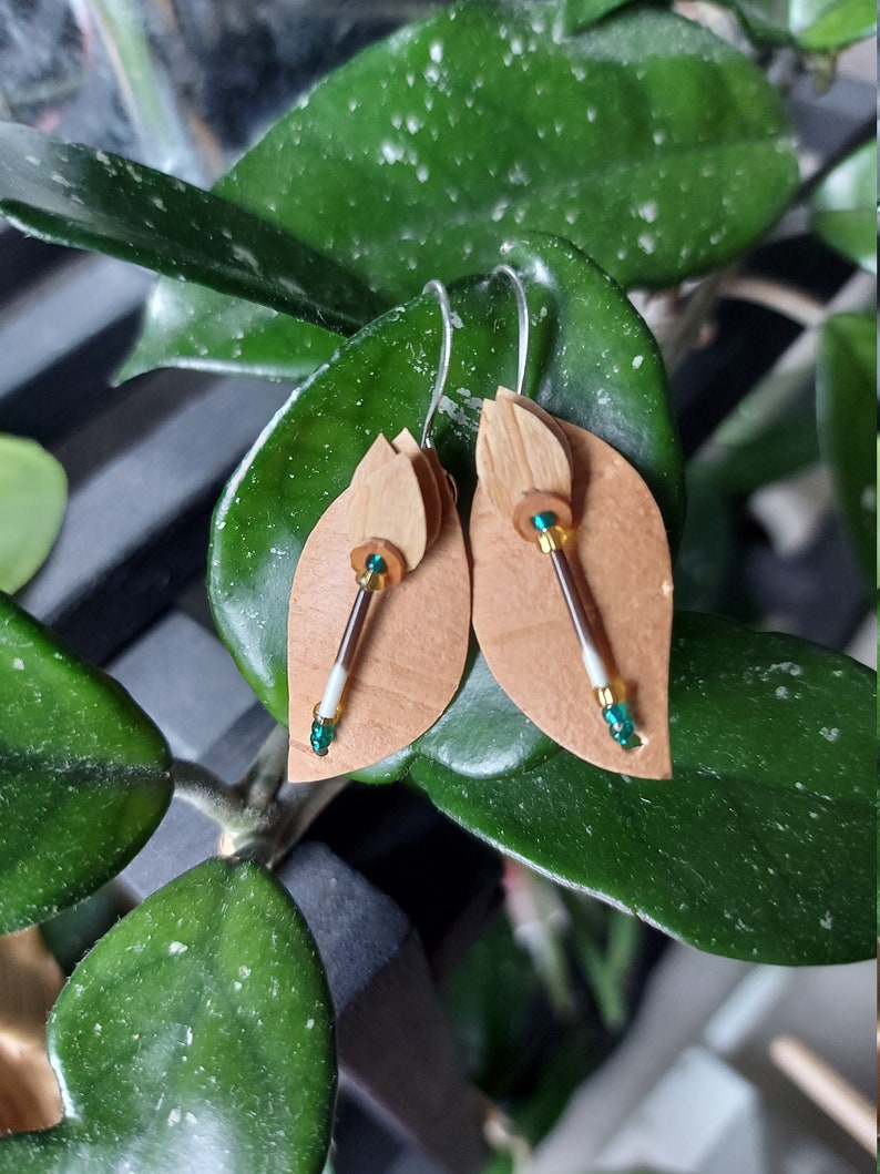 Handmade Unique! one of a kind quill birch bark tulip and leaf shaped dangle earrings Great gift for a special friend native