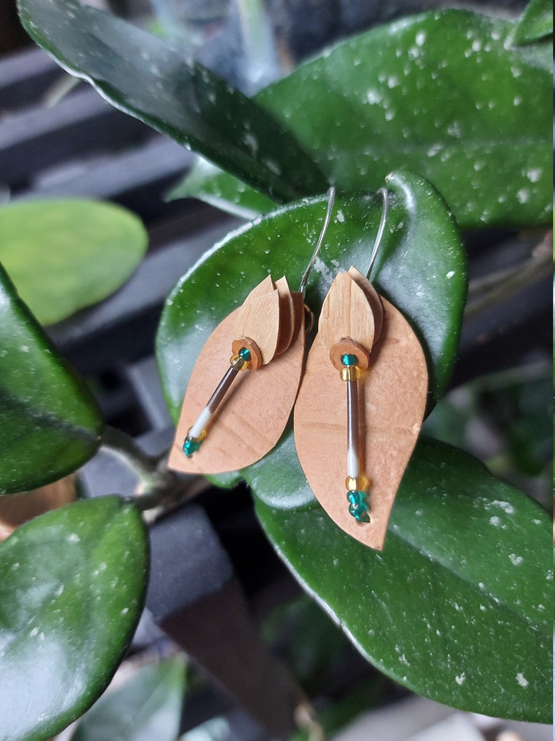 Handmade Unique! one of a kind quill birch bark tulip and leaf shaped dangle earrings Great gift for a special friend native