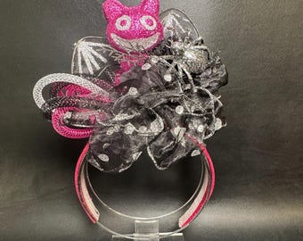 Glitter Bat Halloween Fascinator Headband with Spider & Polka Dot Bow
