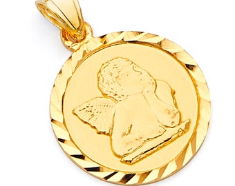 14K Yellow Gold Cut-Out Angel Round Charm Pendant