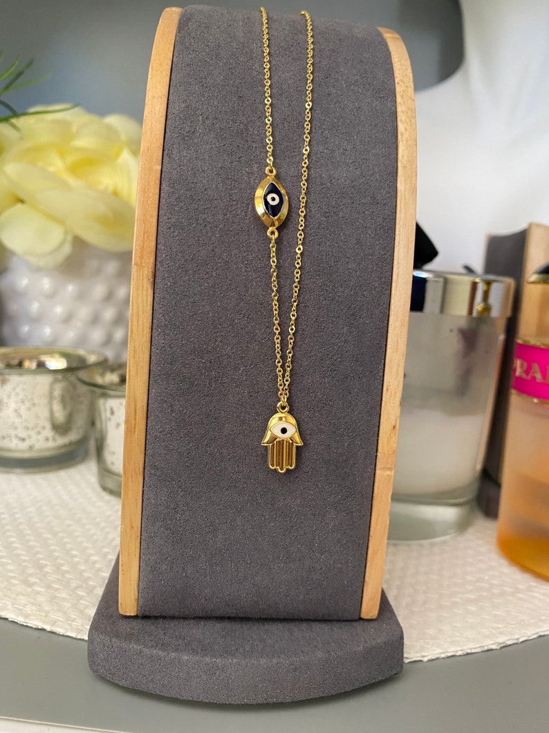 14K Yellow Gold Hollow Hamsa and Floating Evil Eye Necklace - Etsy