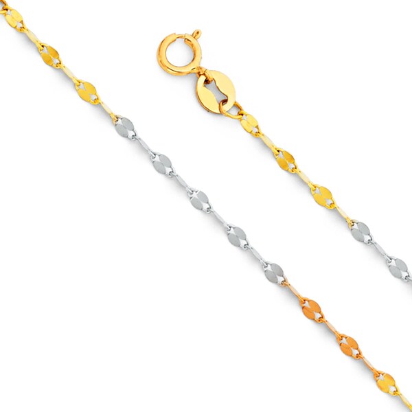 2mm 14k  Tri Color Gold Twisted Mirror Chain Necklace with Spring Ring Clasp