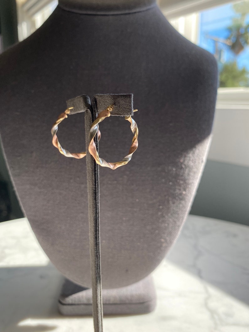 3mm x 0.9 inch 14K Tricolor Gold Medium Twisted Hoop Earrings