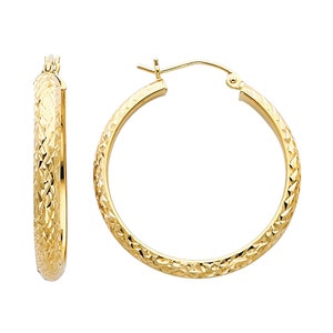14K Yellow Gold Medium Round Diamond-Cut Hoop Earrings