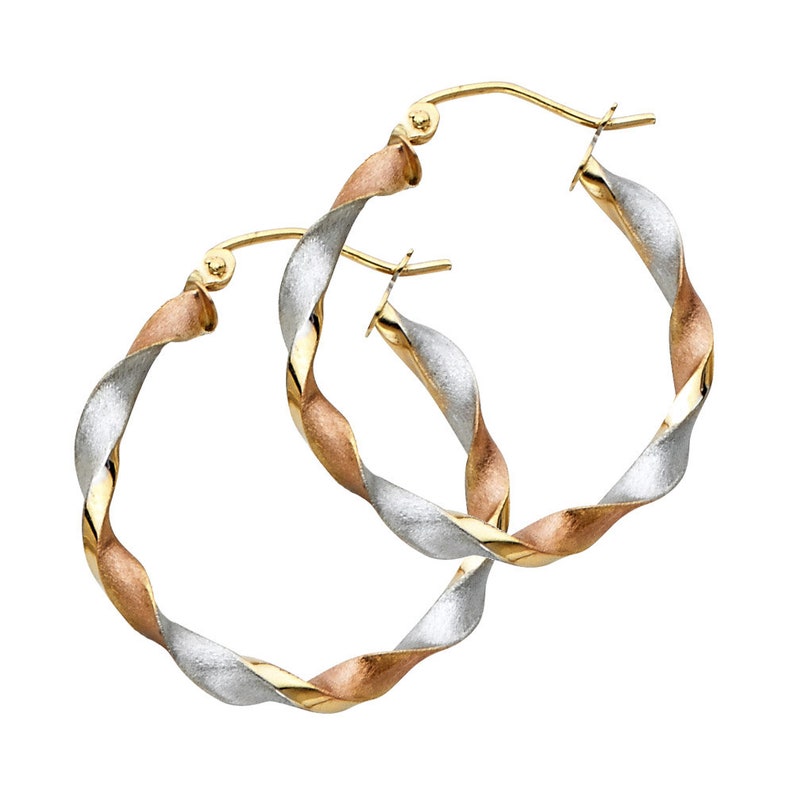 3mm x 0.9 inch 14K Tricolor Gold Medium Twisted Hoop Earrings
