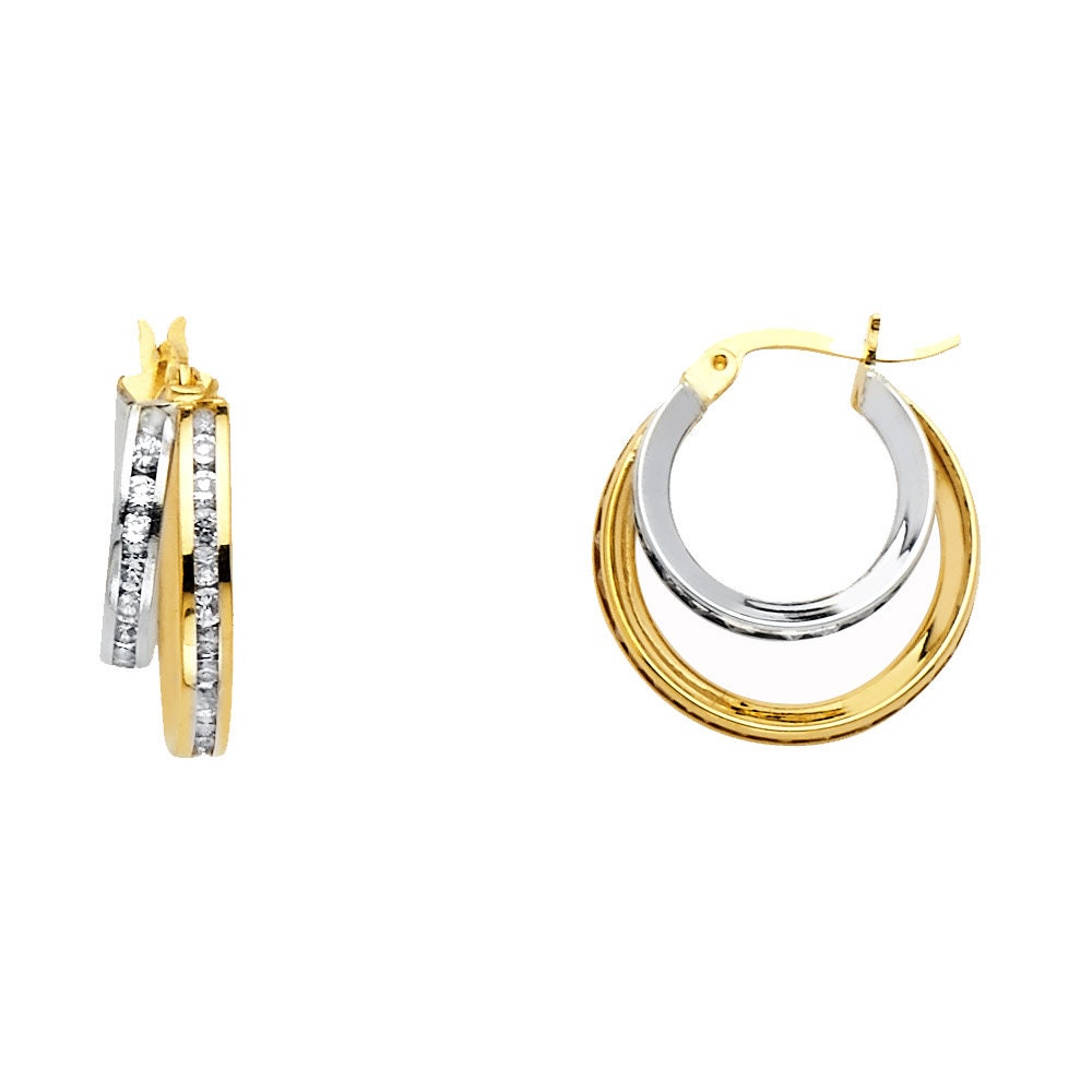 15mm Diameter 14k Two Tone Gold 5mm Thickness Double Huggie Hoop Earrings 15mm Diameter 14k Two Tone Gold 5mm Thickness Double Huggie Hoop Earrings