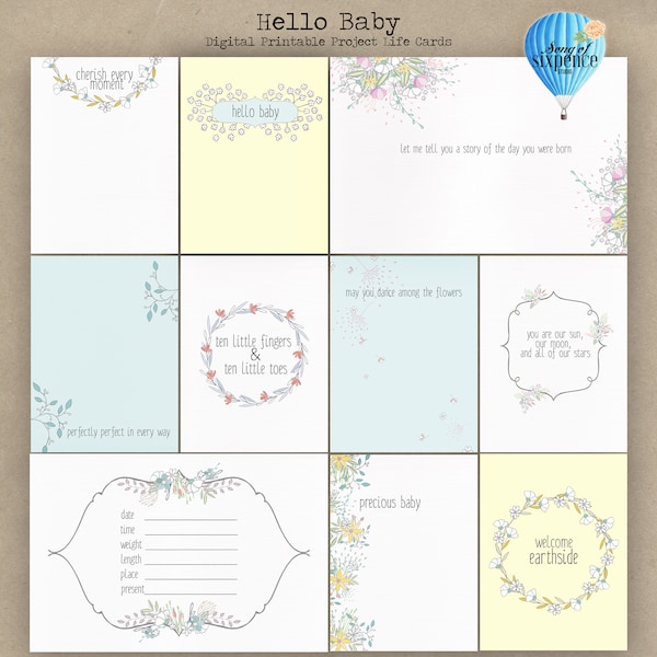 Hello Baby digital printable Project Life® pocket journal cards, digital baby journalling cards, hybrid scrapbooking