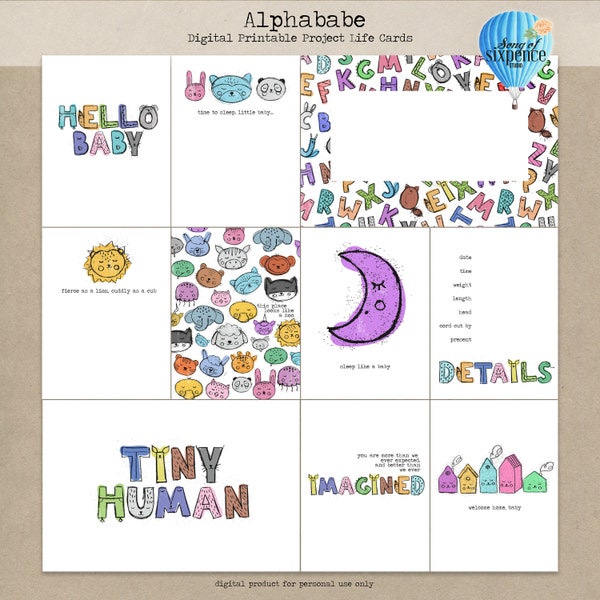 Digital Printable Journal Cards Alphababe for Project Life, pocket scrapbooking