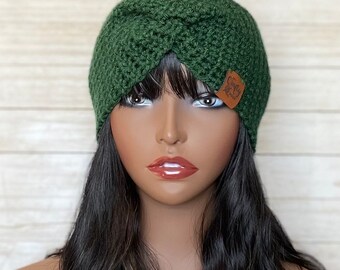 Twisted Ear Warmer, Headband, Messy Bun Beanie, Crochet Ponytail Hat, Ready to Ship in Multiple Colors,