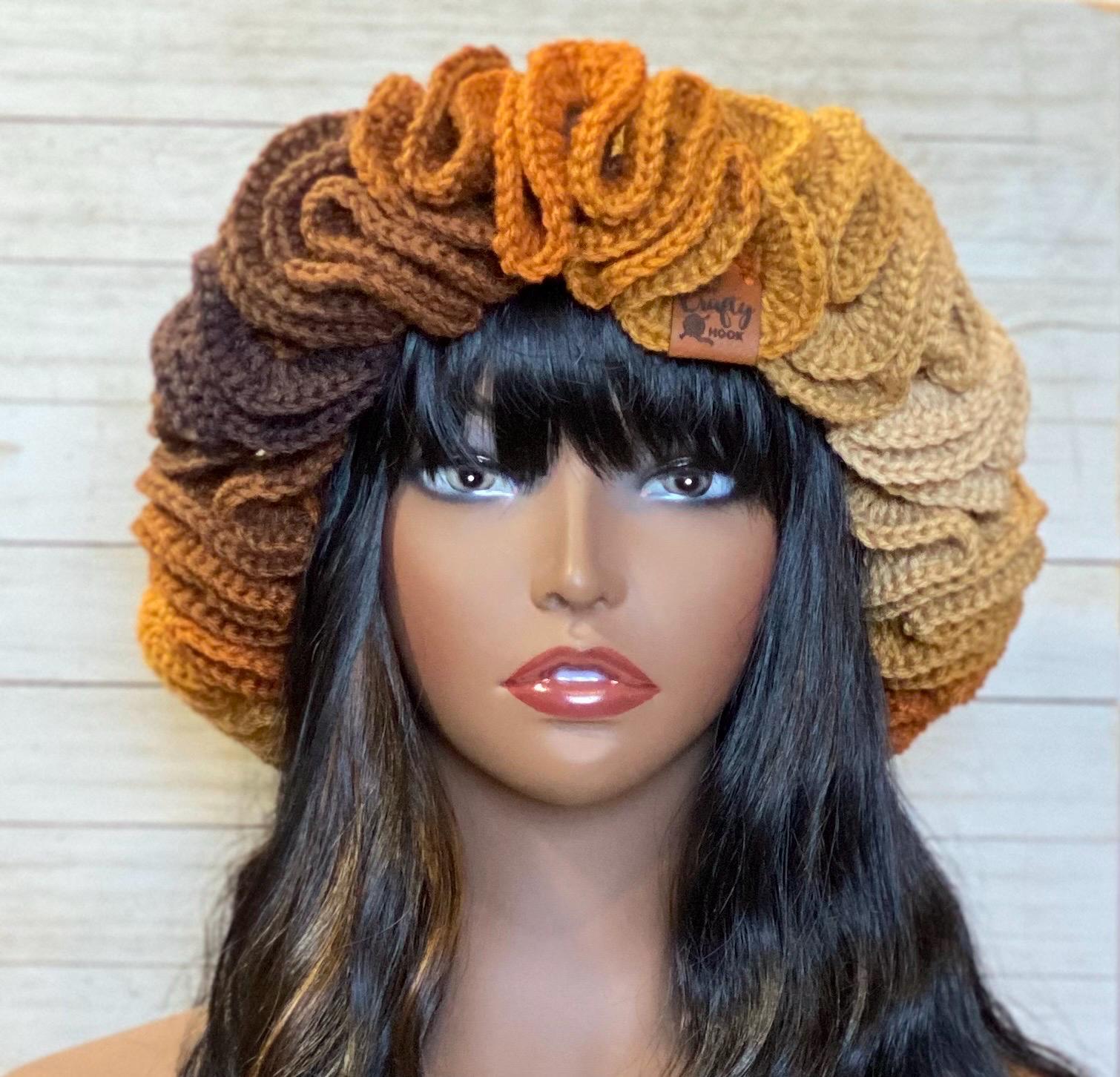 Hand-Crocheted Orange & Brown Ruffle Sun Hat Blooming Ruffle Crochet Bucket Hat , Brown Beige and Gold  main image 2