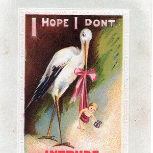 Vintage Postkaart Ooievaar met Baby