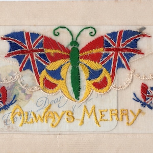 WW1 Hand geborduurde Vintage Post Card Kerst Butterfly