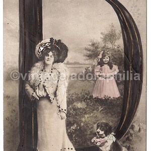 Carte postale vintage Miss Marie Studholme 1906 avec chien et enfant