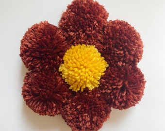 Yarn Pom Pom Flower Wall Hanging, Boho Home Decor (8.5x8.5 inches)