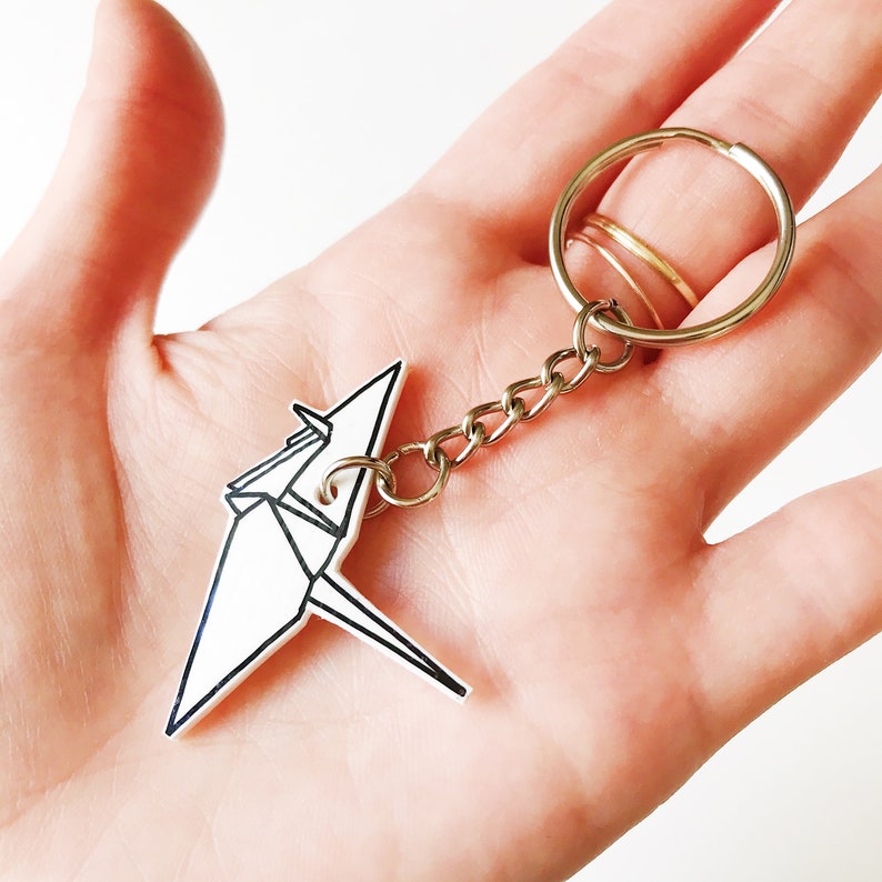 Paper Crane Keychain Hand Drawn Origami Crane Shrinky Dink Plastic